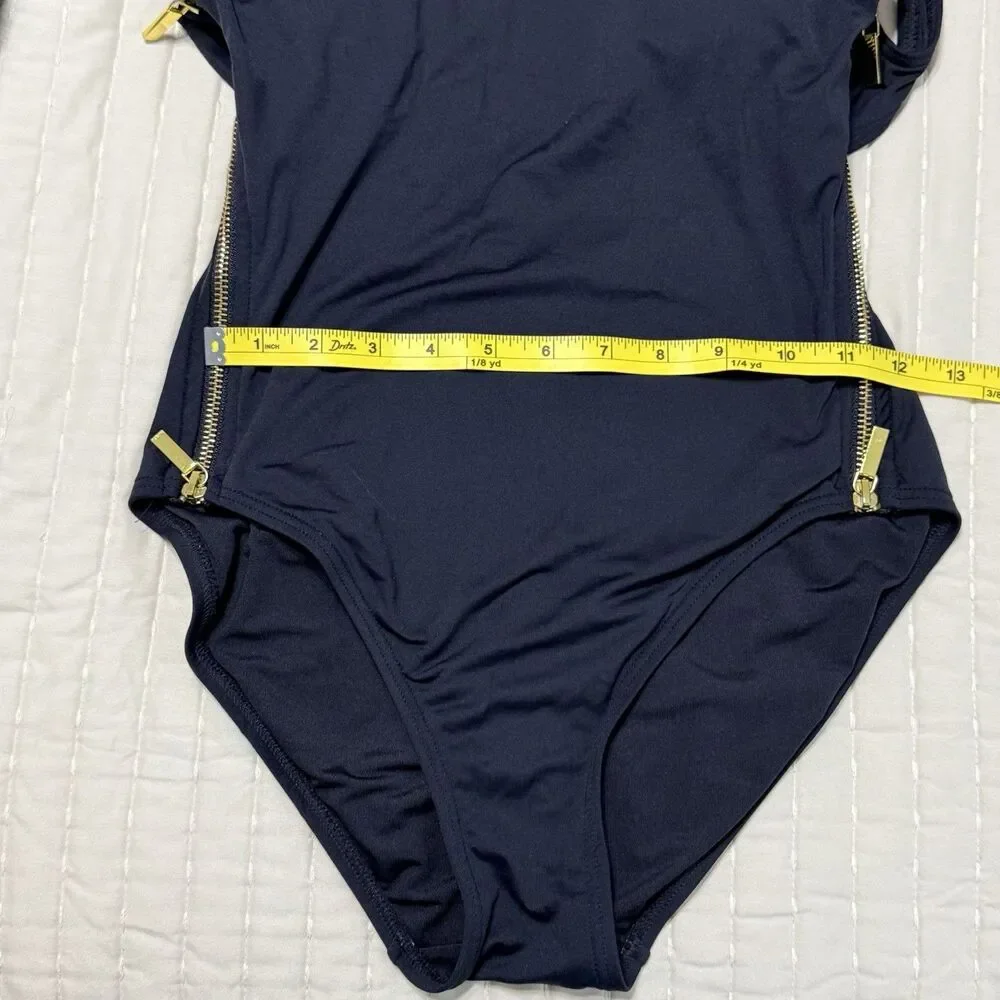 Carmen Marc Valvo Swimwear | One Piece Black Swimsuit With Gold Zipper Sides | 6